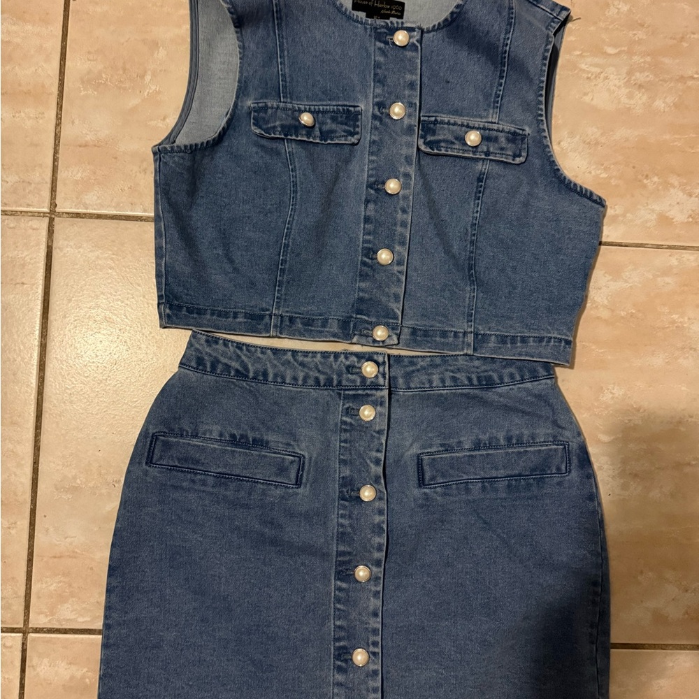 House of Harlow 1960 Light Blue Denim Top and Skirt Set
